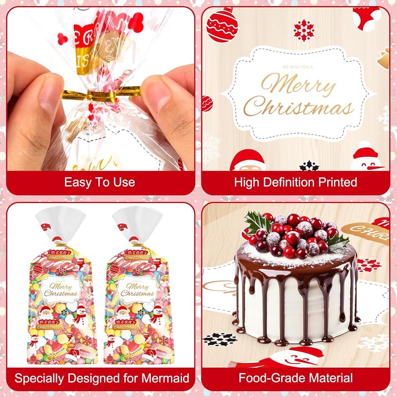 Litmitfu 50 Pcs Christmas Treat Bags - Merry Christmas Gift Bags Bulk, Plastic Santa Claus Snowman Christma Cellophane Cello Candy Cookie Goodie Bag with Twist Ties for Winter Xmas Christmass Party Favors - Image 5